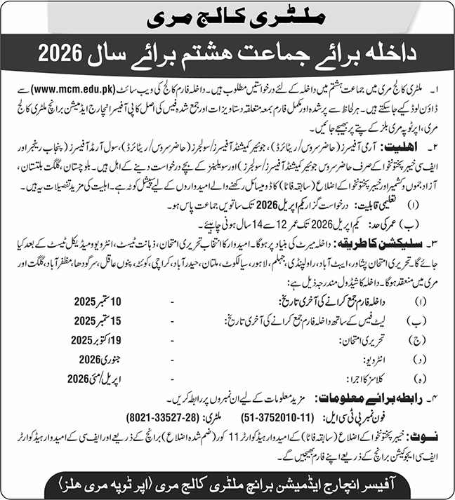 Admission Open in Military College Murree